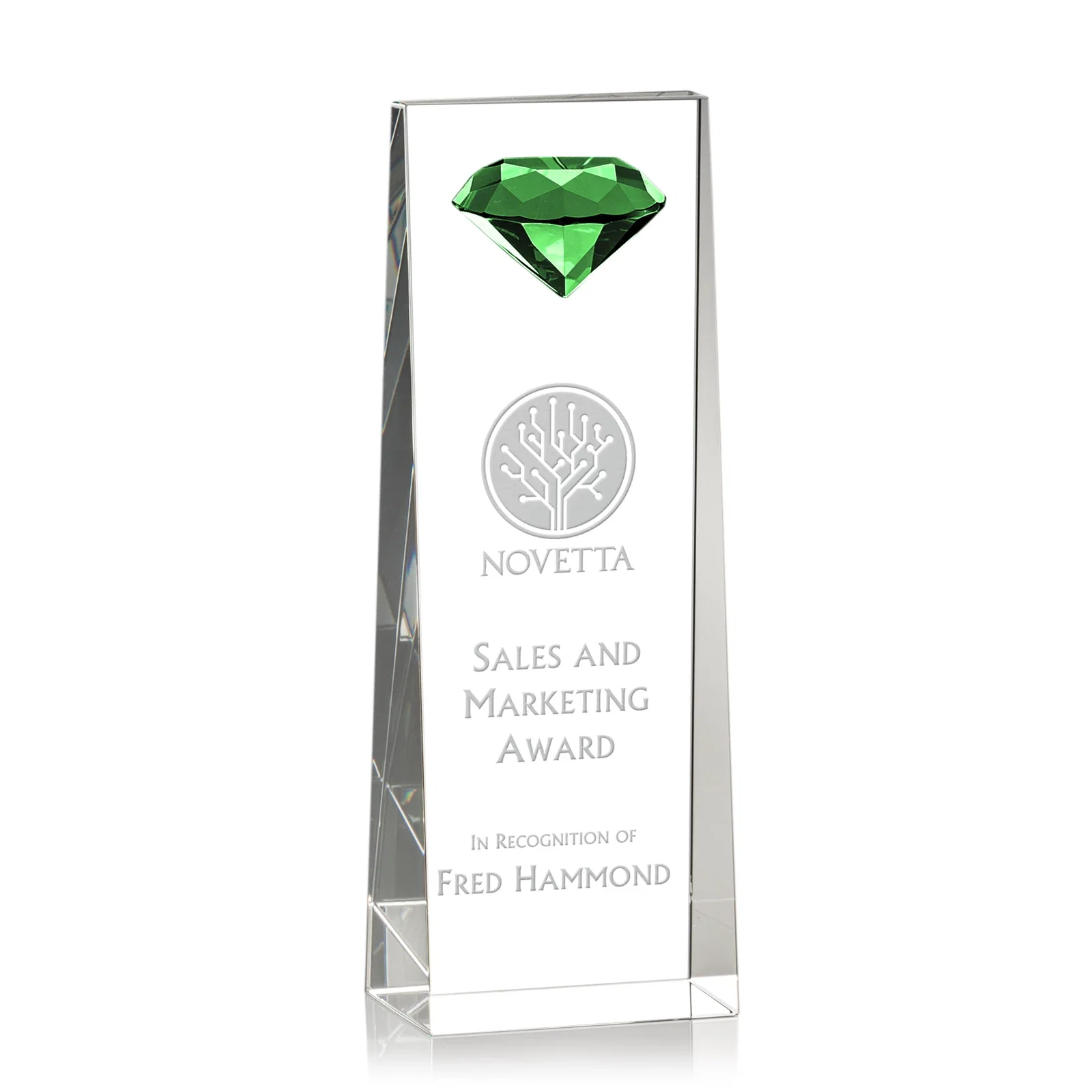 Personalized Optical Crystal Tower Award with Faceted Gemstone Top for employee recognition