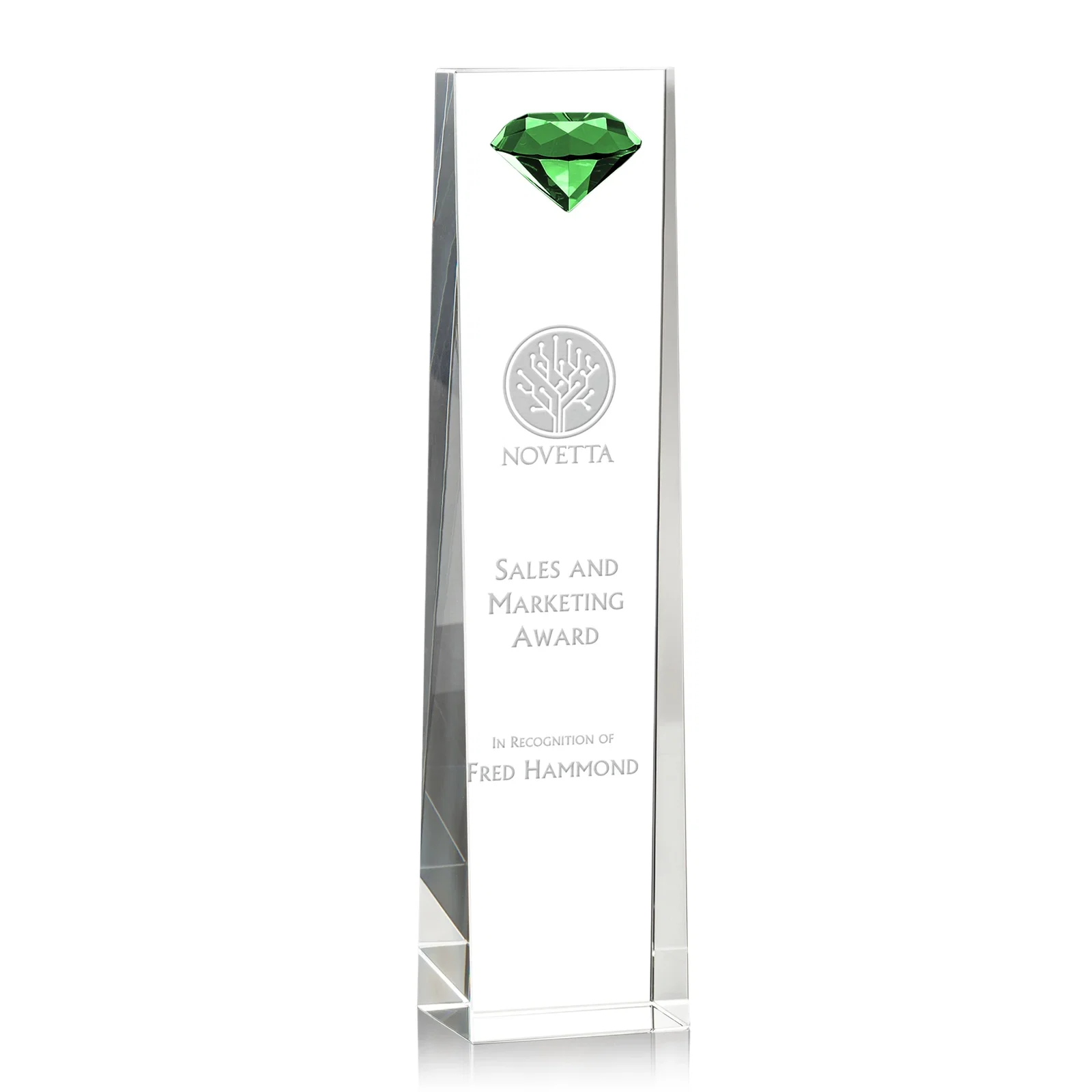 Personalized Optical Crystal Tower Award with Faceted Gemstone Top for service anniversary gifts