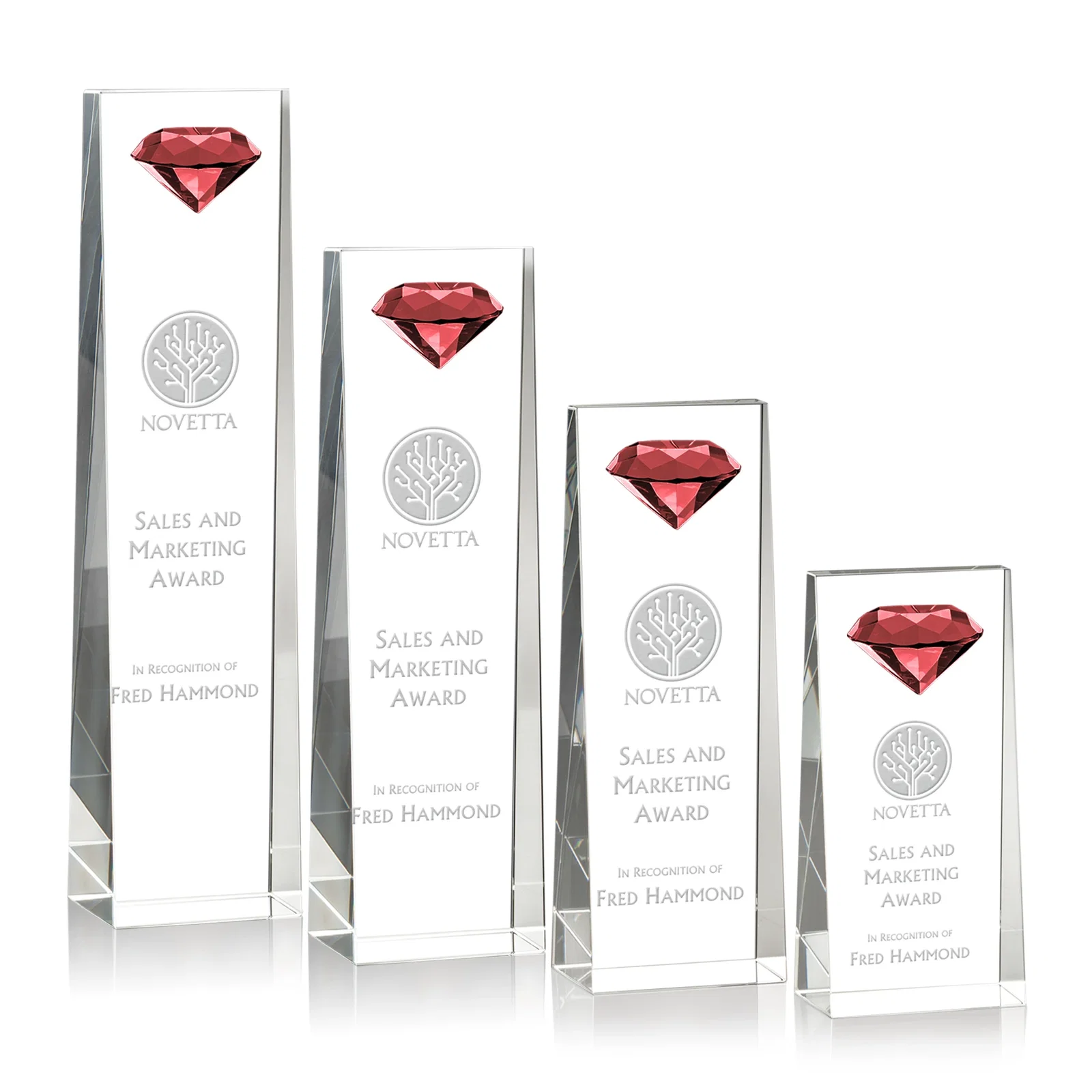 Personalized Optical Crystal Tower Award with Faceted Gemstone Top for sales achievement awards