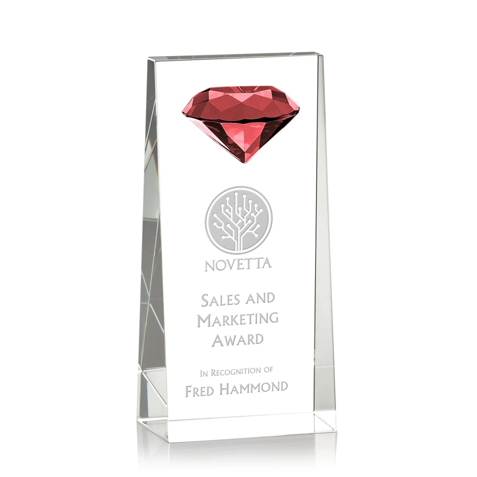 Personalized Optical Crystal Tower Award with Faceted Gemstone Top for retirement presentations