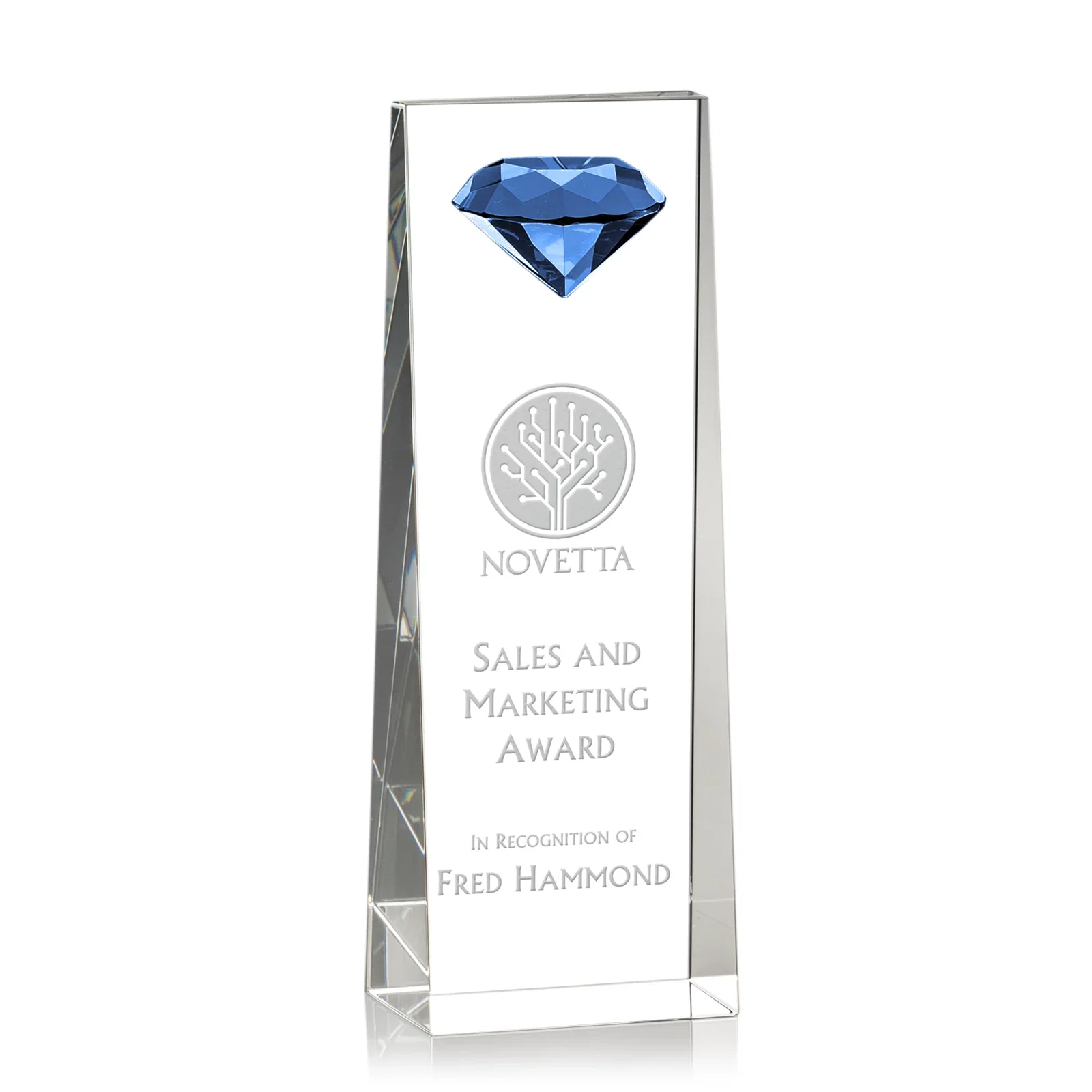 Personalized Optical Crystal Tower Award with Faceted Gemstone Top for dealer and partner awards