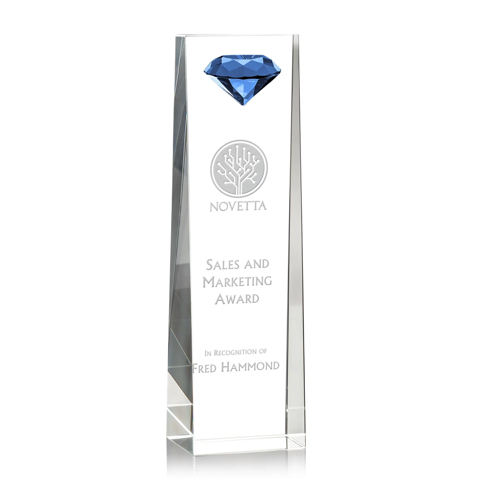 Personalized Optical Crystal Tower Award with Faceted Gemstone Top for company anniversary events