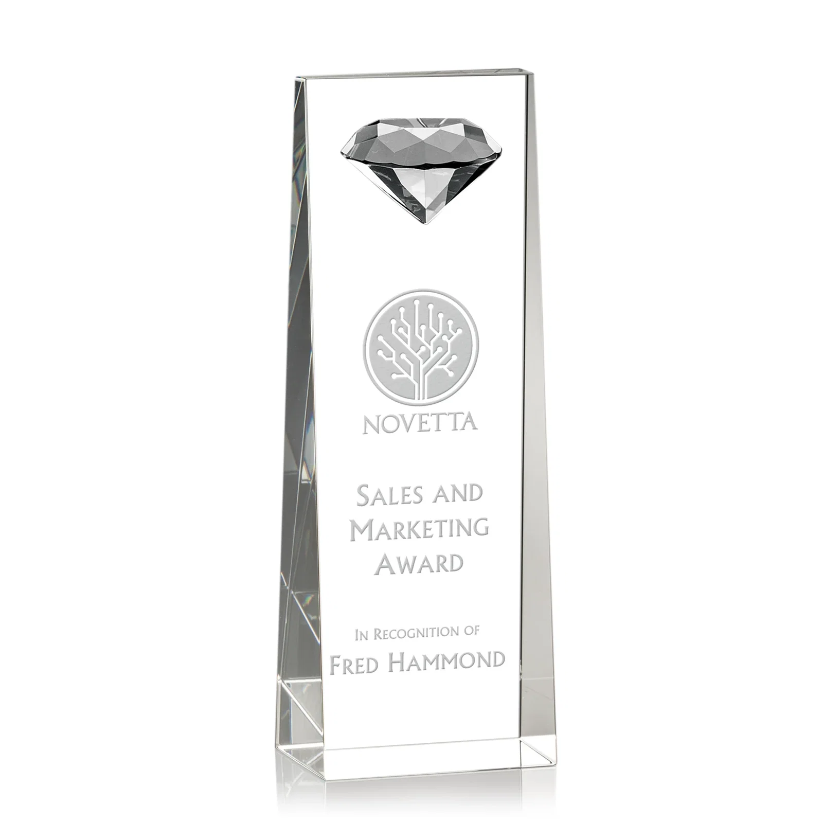 Custom Optical Crystal Tower Award with Faceted Gemstone Top for service anniversary gifts