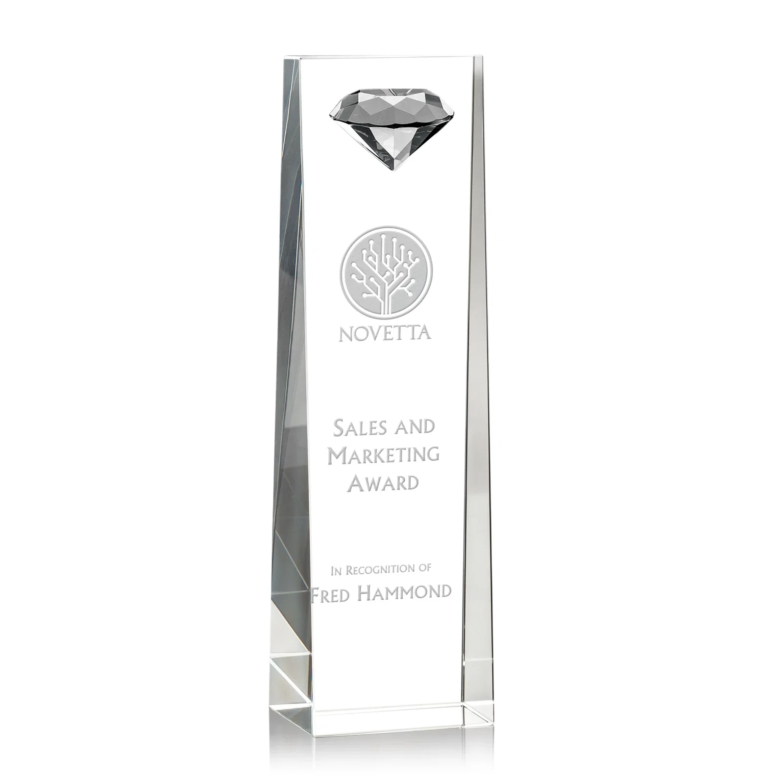 Custom Optical Crystal Tower Award with Faceted Gemstone Top for sales achievement awards