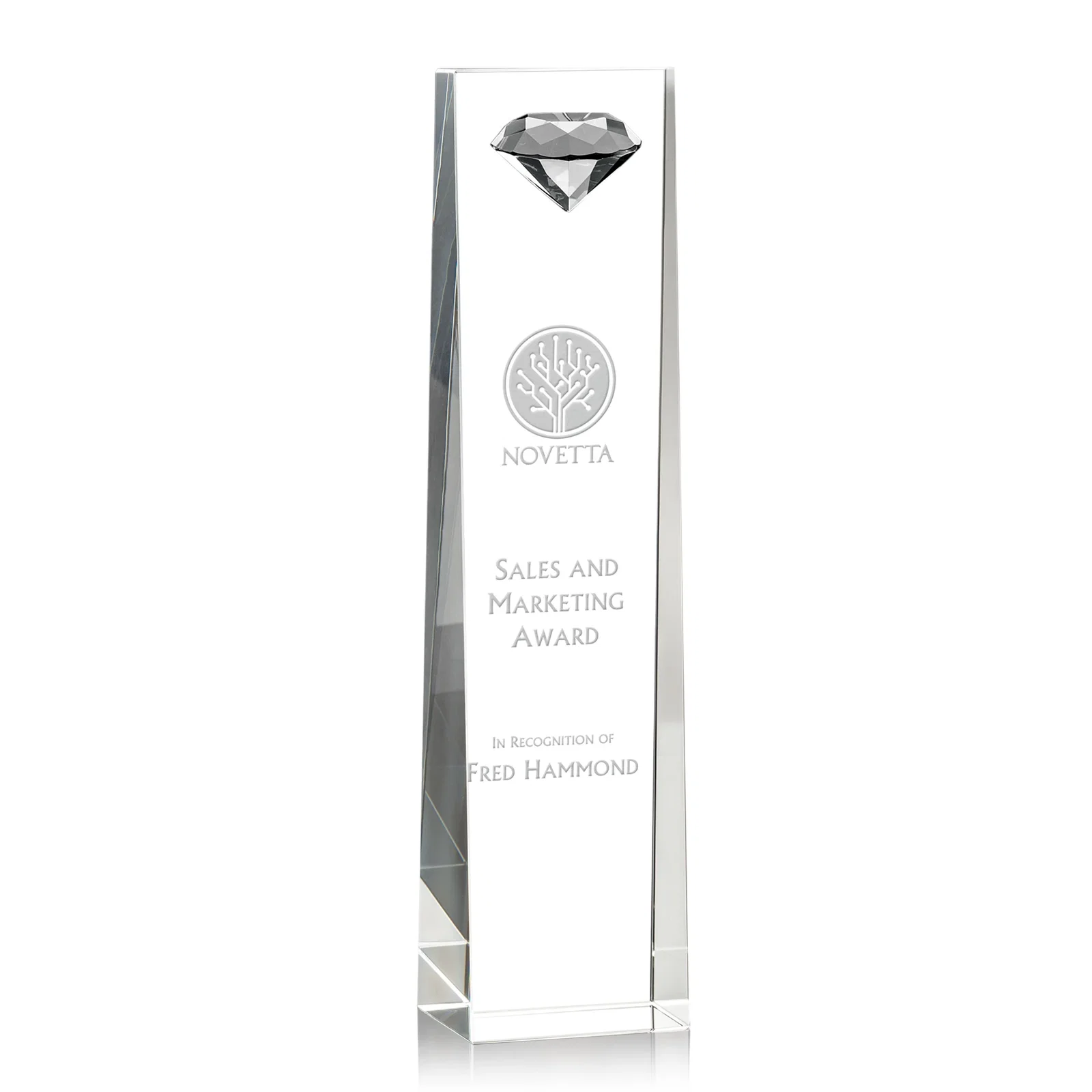 Custom Optical Crystal Tower Award with Faceted Gemstone Top for retirement presentations