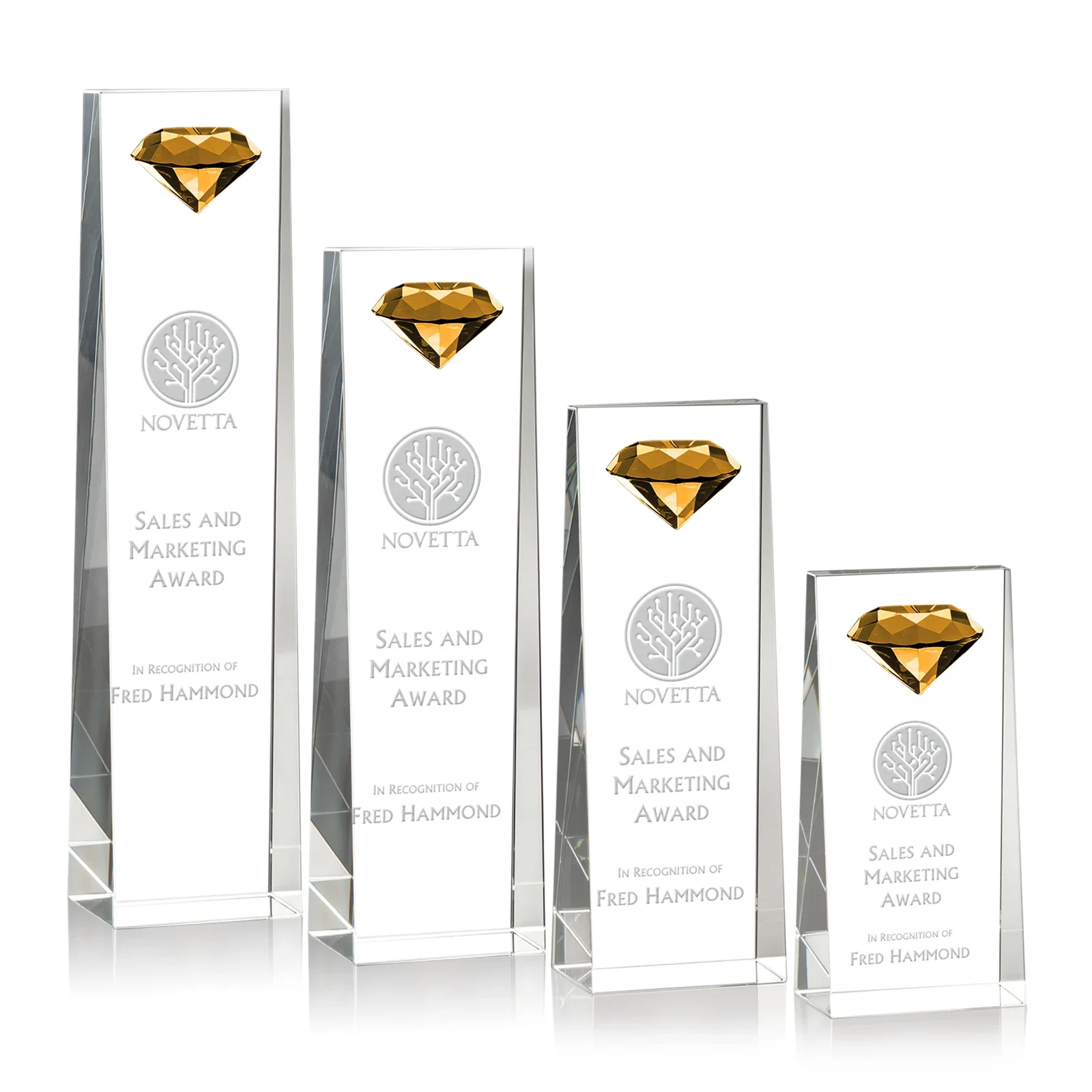 Custom Optical Crystal Tower Award with Faceted Gemstone Top for team milestone celebrations