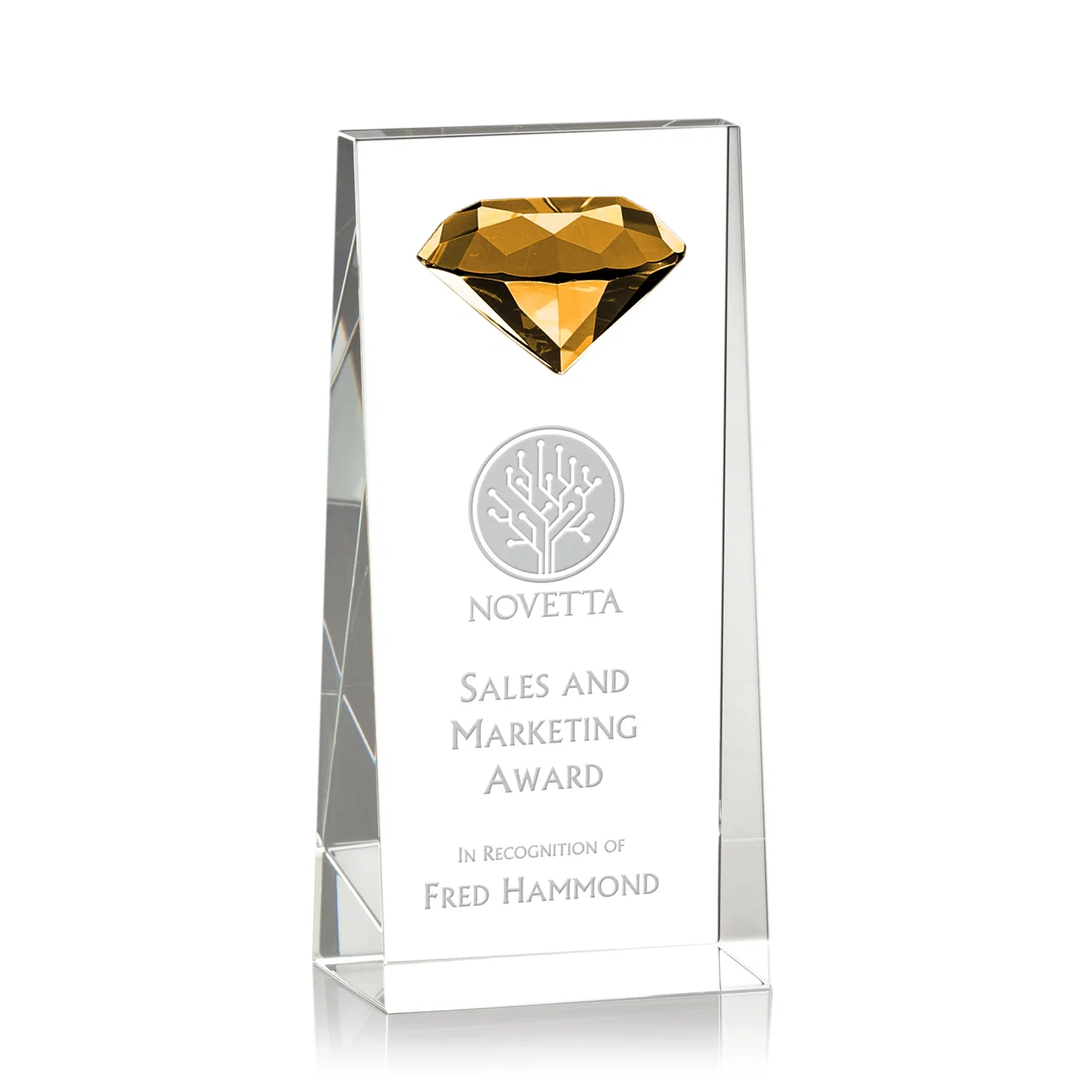 Custom Optical Crystal Tower Award with Faceted Gemstone Top for donor appreciation