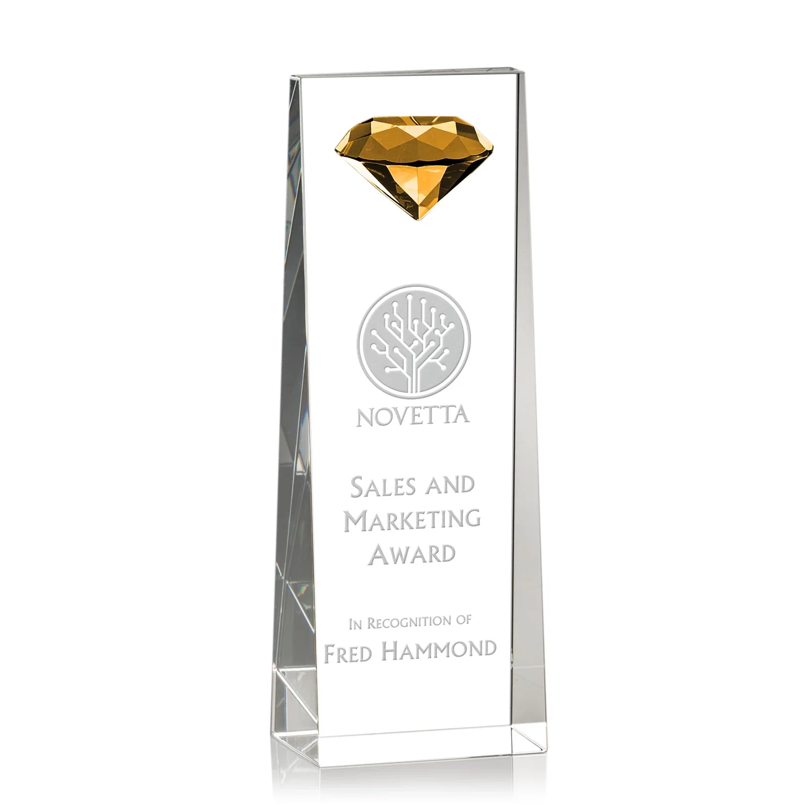 Custom Optical Crystal Tower Award with Faceted Gemstone Top for graduation ceremonies