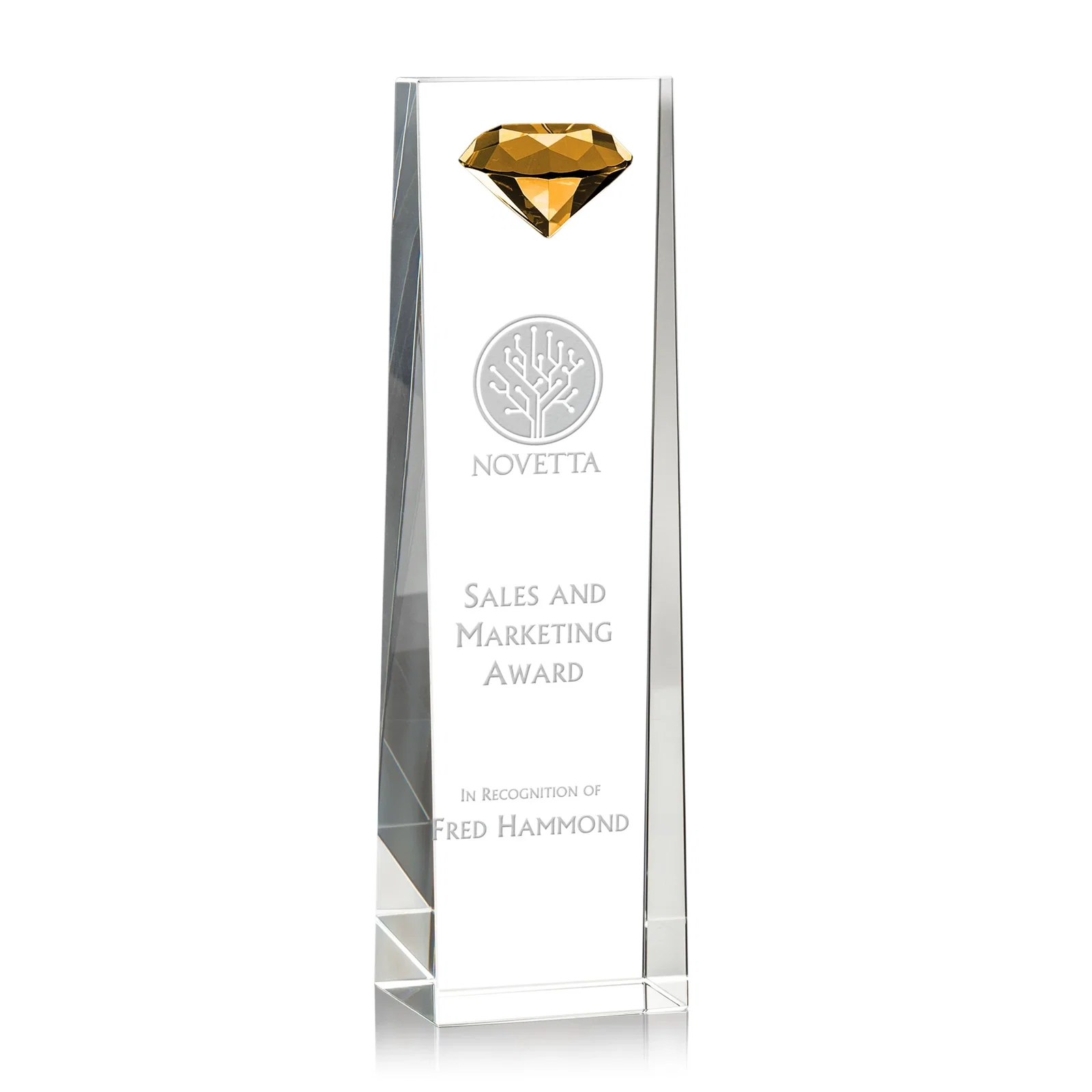 Custom Optical Crystal Tower Award with Faceted Gemstone Top for safety achievement programs
