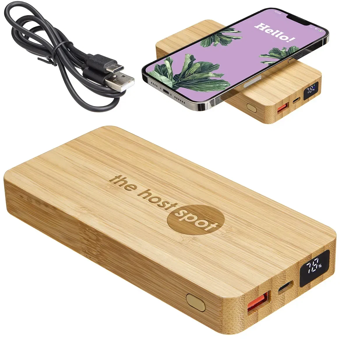 Custom bamboo 10000mAh wireless power bank charger, front view