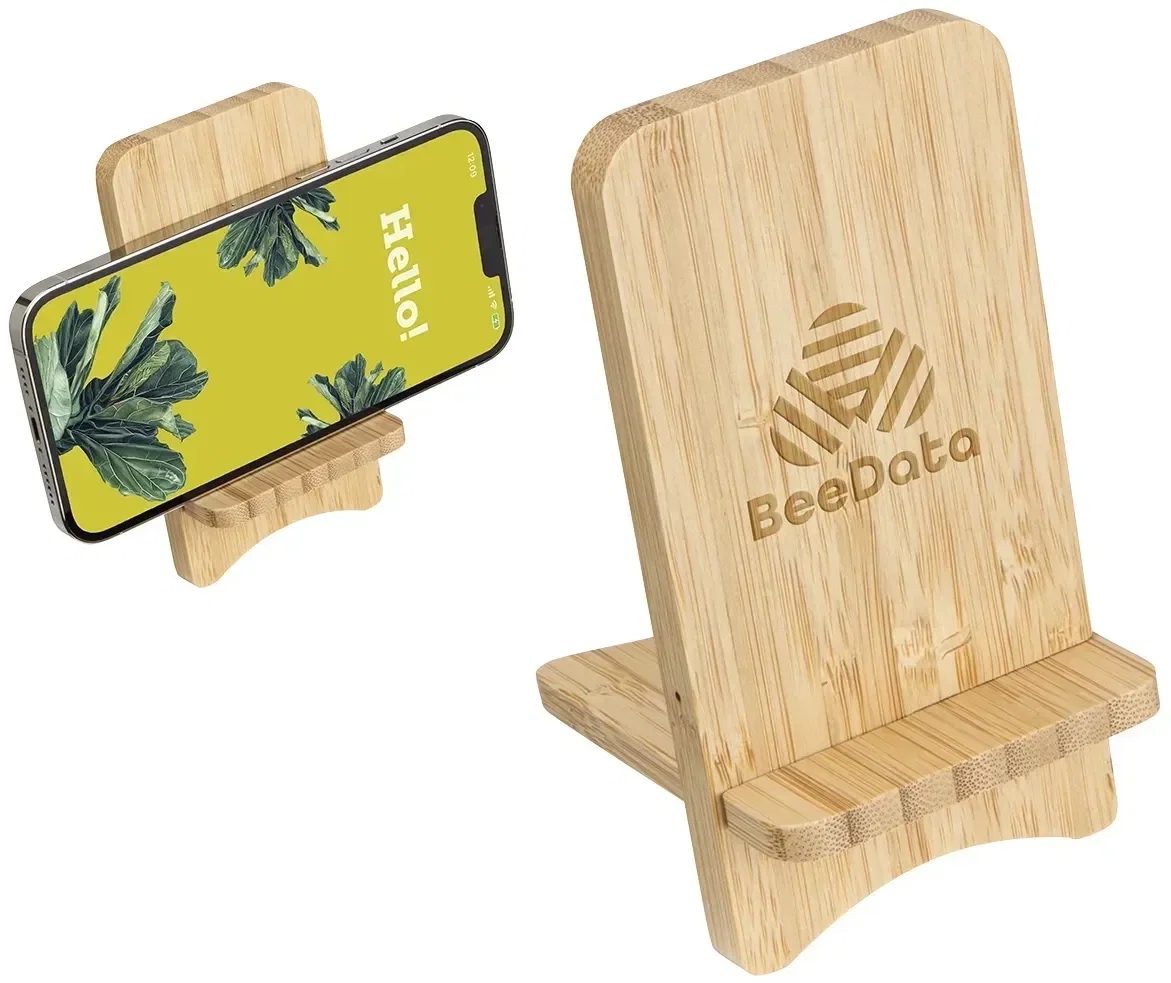 Custom bamboo 15W wireless charger phone stand, front view