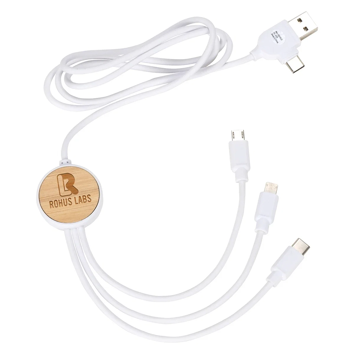 Custom Bamboo 3-in-1 Charging Cable, front view of the branded bamboo charging cable