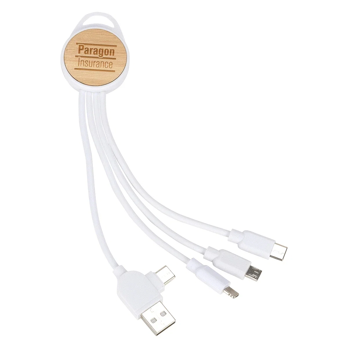 Angled view of the custom Bamboo 3-in-1 Charging Cable's connector ends
