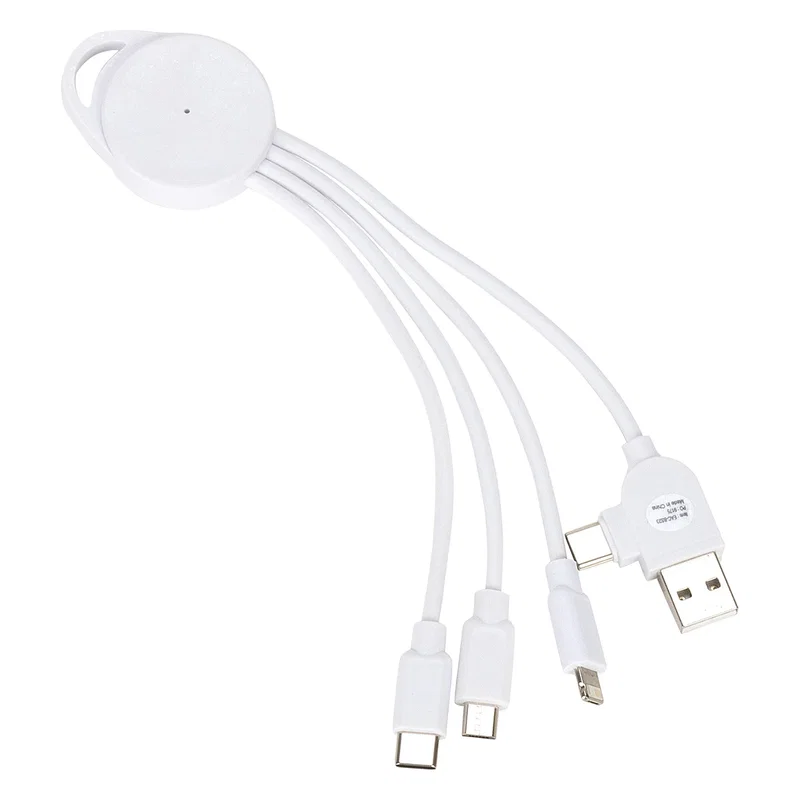 Close-up of the Bamboo 3-in-1 Charging Cable's bamboo housing and logo imprint area
