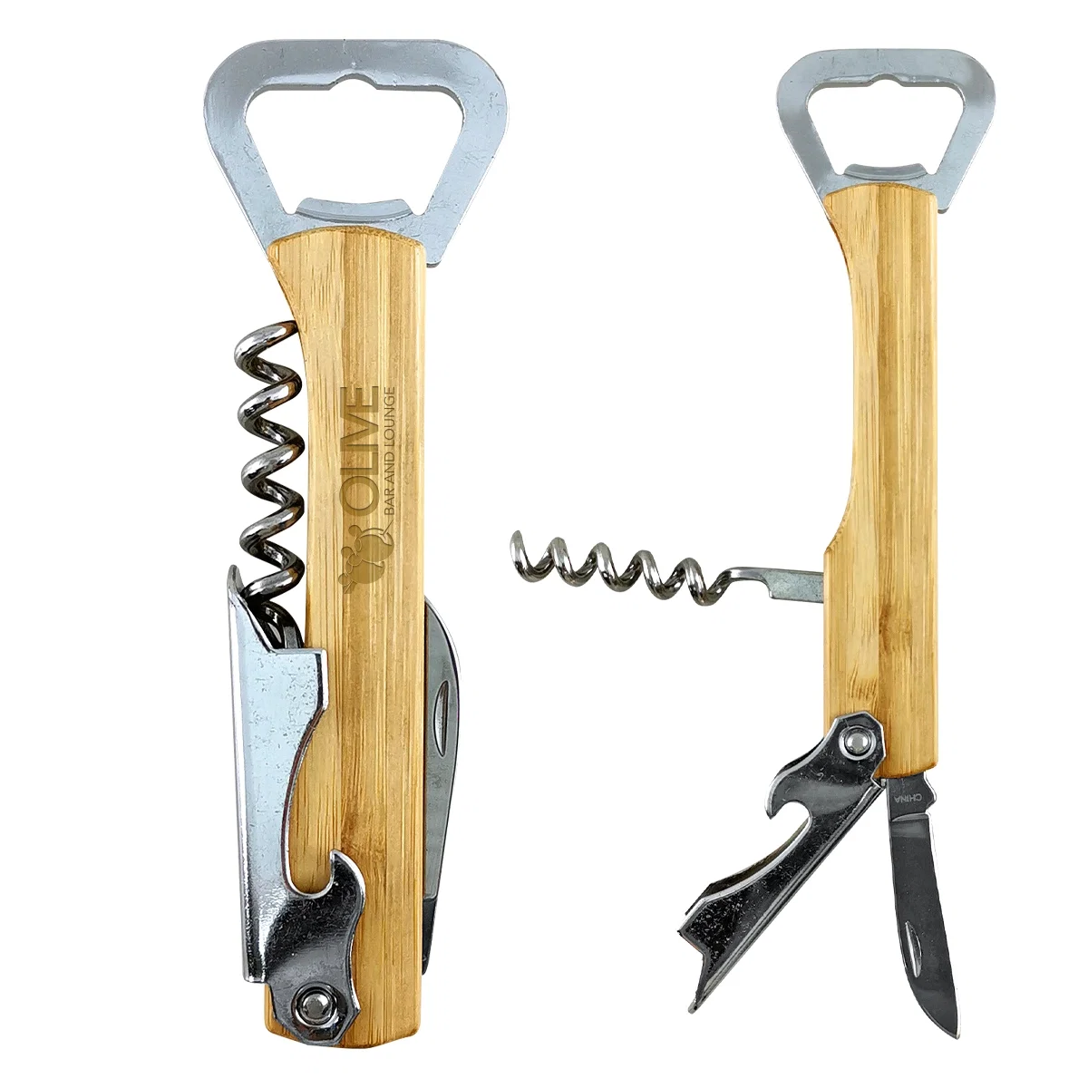 Bamboo waiter's knife folded closed with its natural wood handle