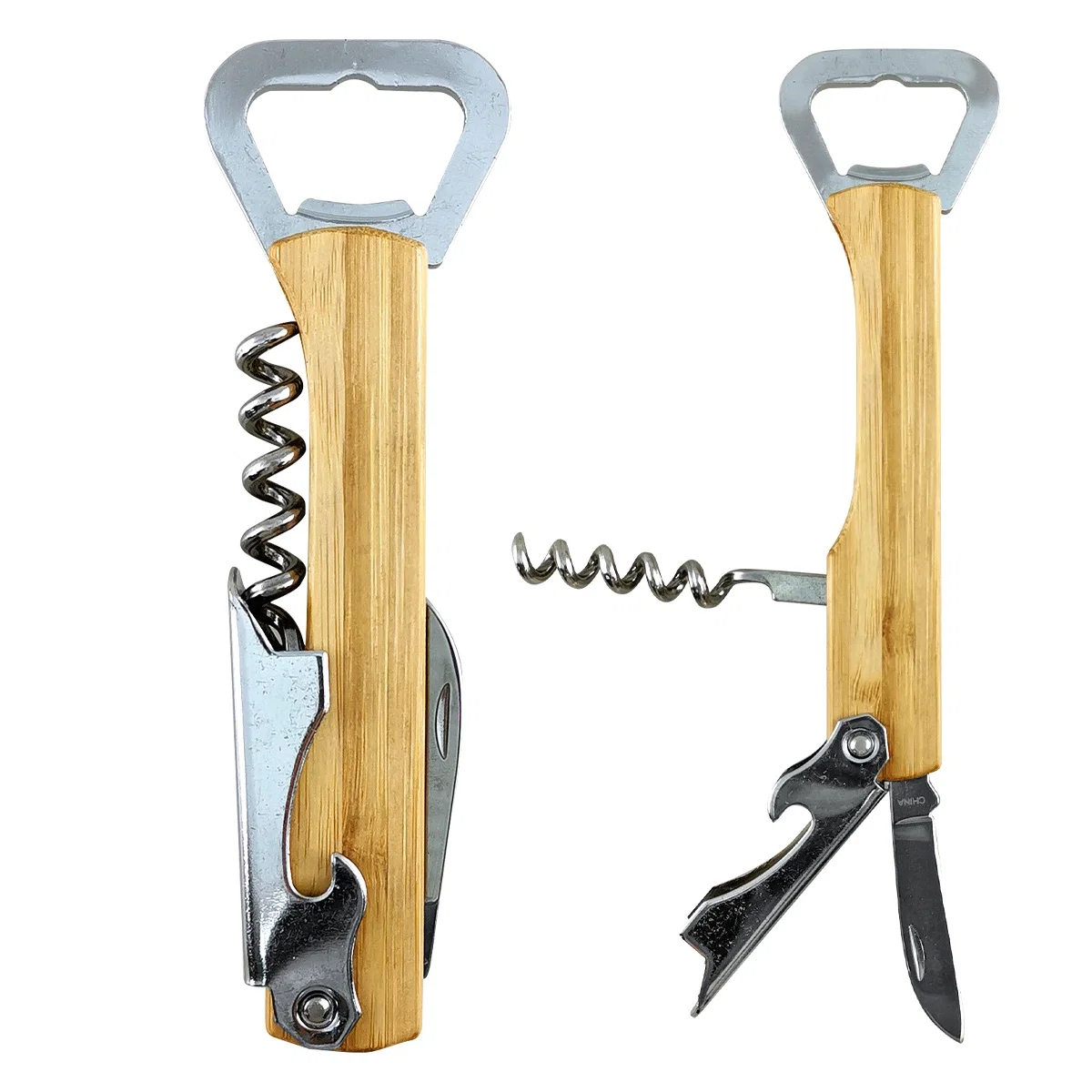 Corkscrew and blade swung out from the bamboo body