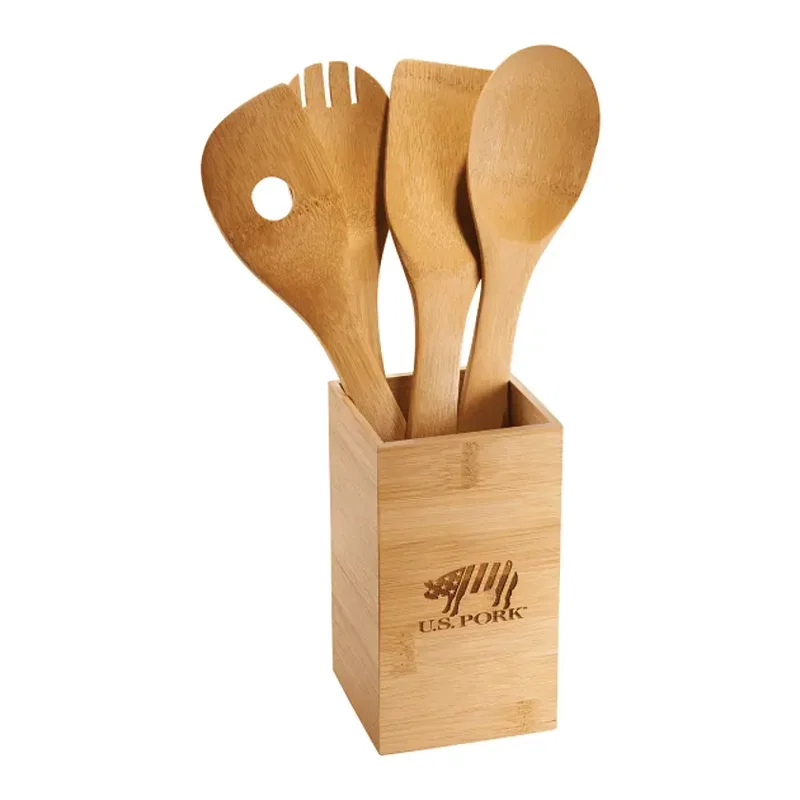 Custom Bamboo Kitchen Tool Set and Canister (4 Piece)