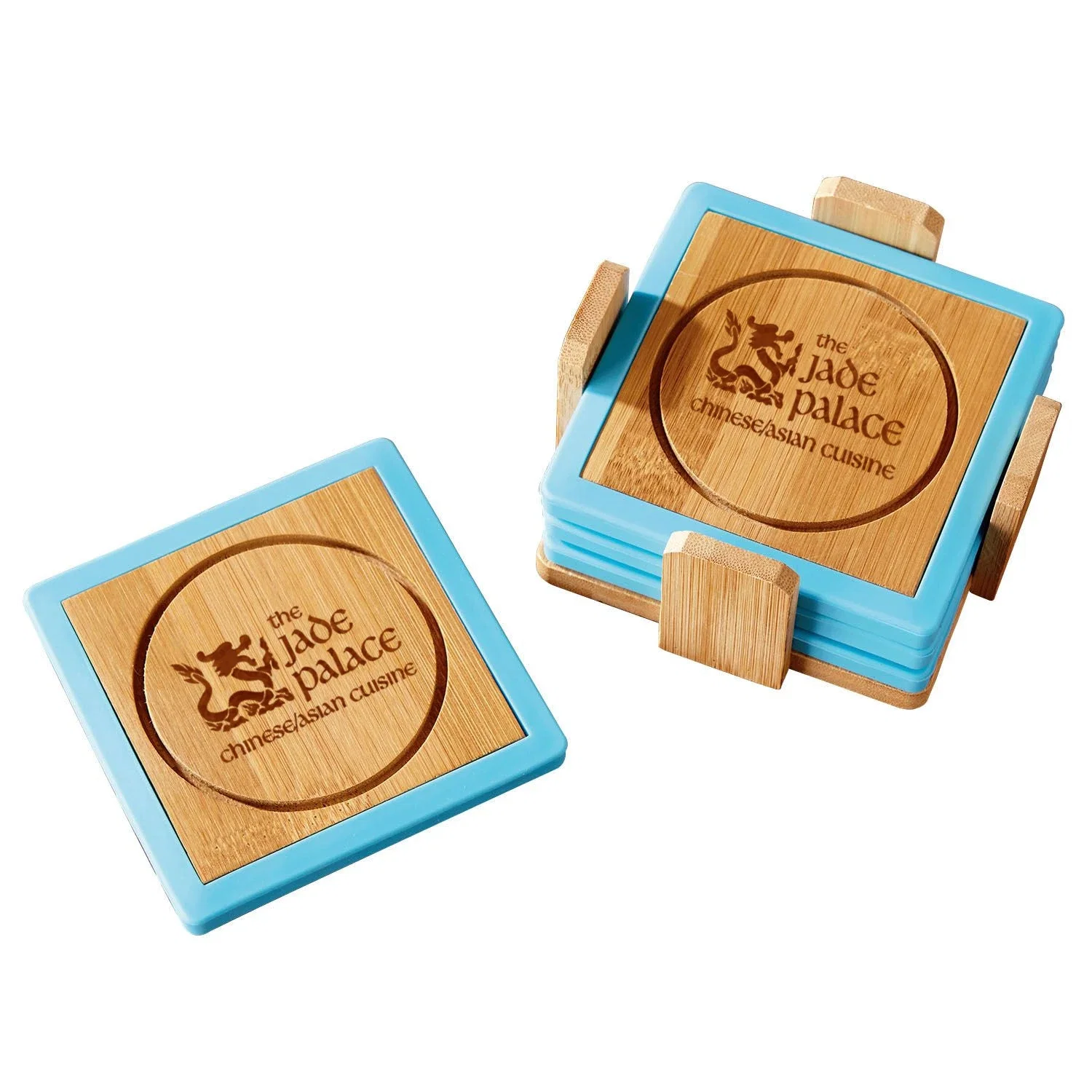 Bamboo and Silicone Coaster Set — Blue — view 3
