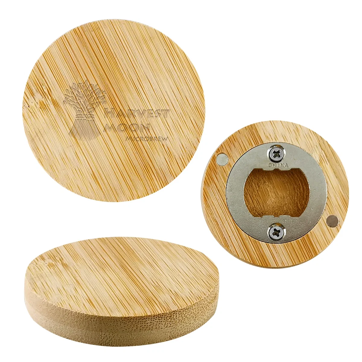 Round bamboo bottle opener just over two inches across