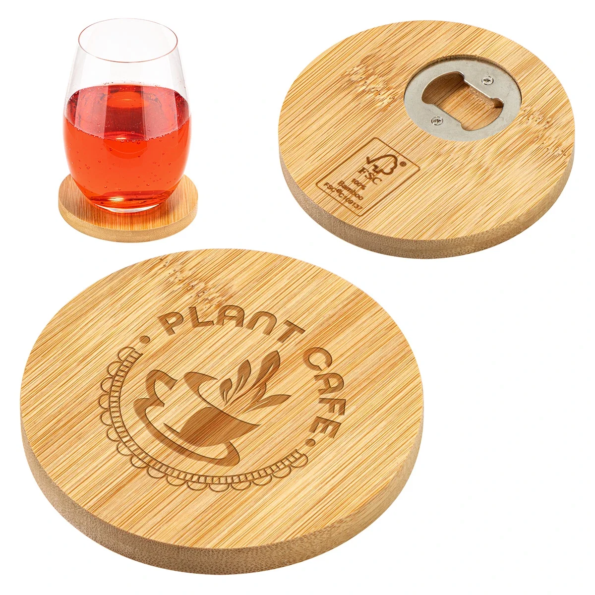 Custom Bamboo Coaster with Bottle Opener, front view of the branded bamboo coaster