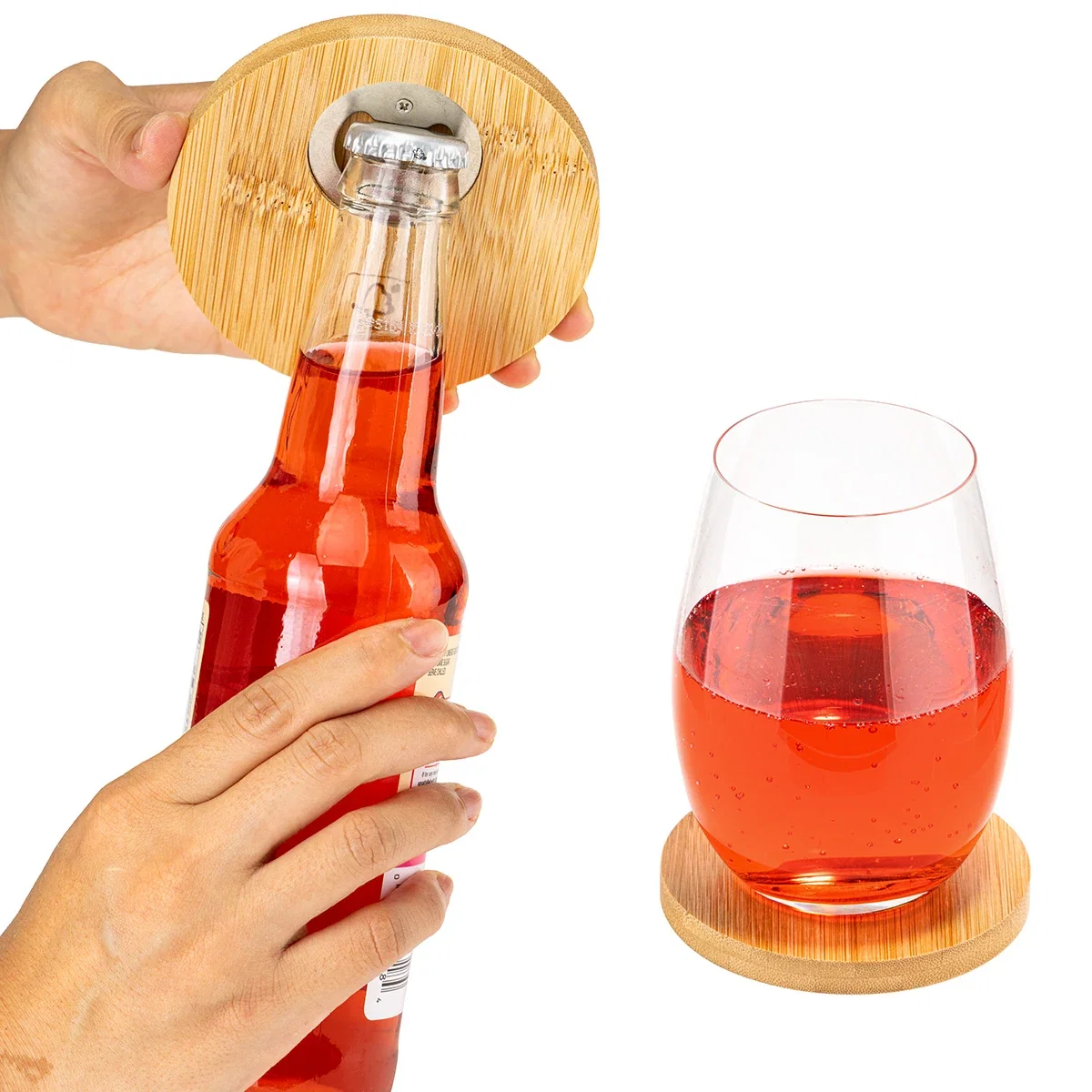 Close-up of the Bamboo Coaster's built-in bottle opener detail