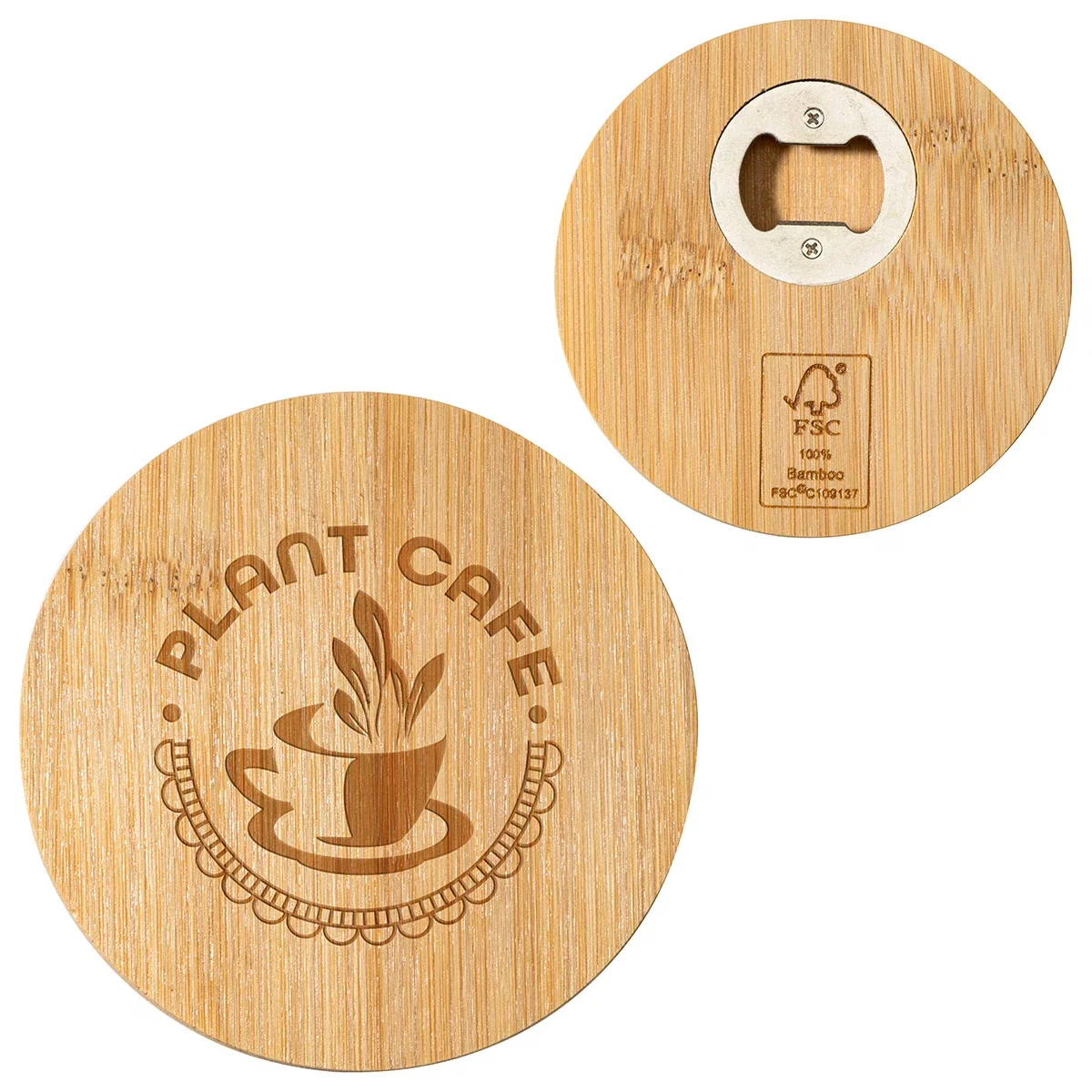 Bamboo Coaster with Bottle Opener in use, opening a bottle with the promotional coaster