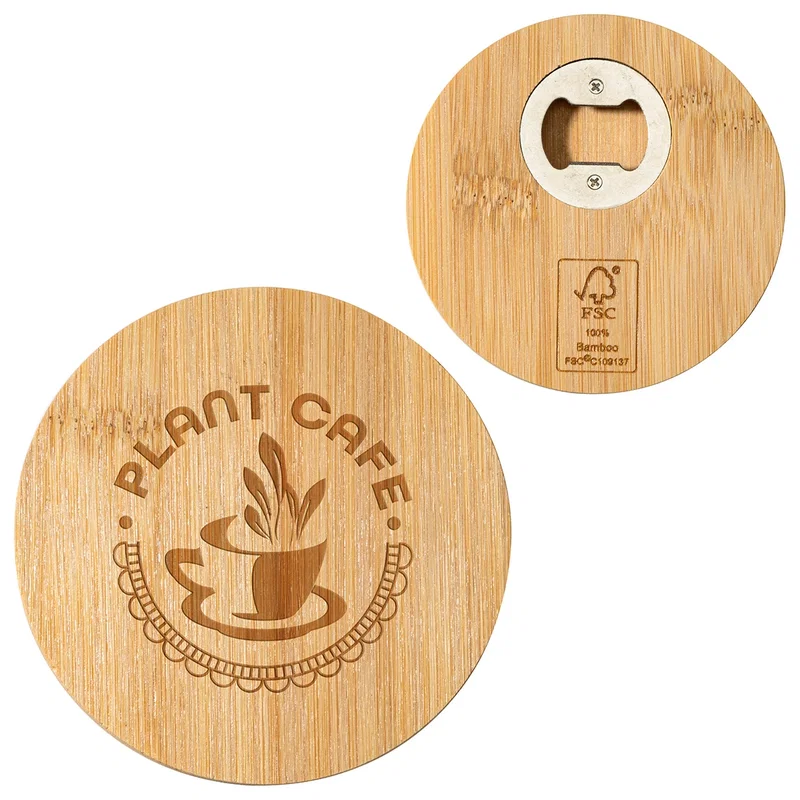 Bamboo Coaster with Bottle Opener in use, opening a bottle with the promotional coaster
