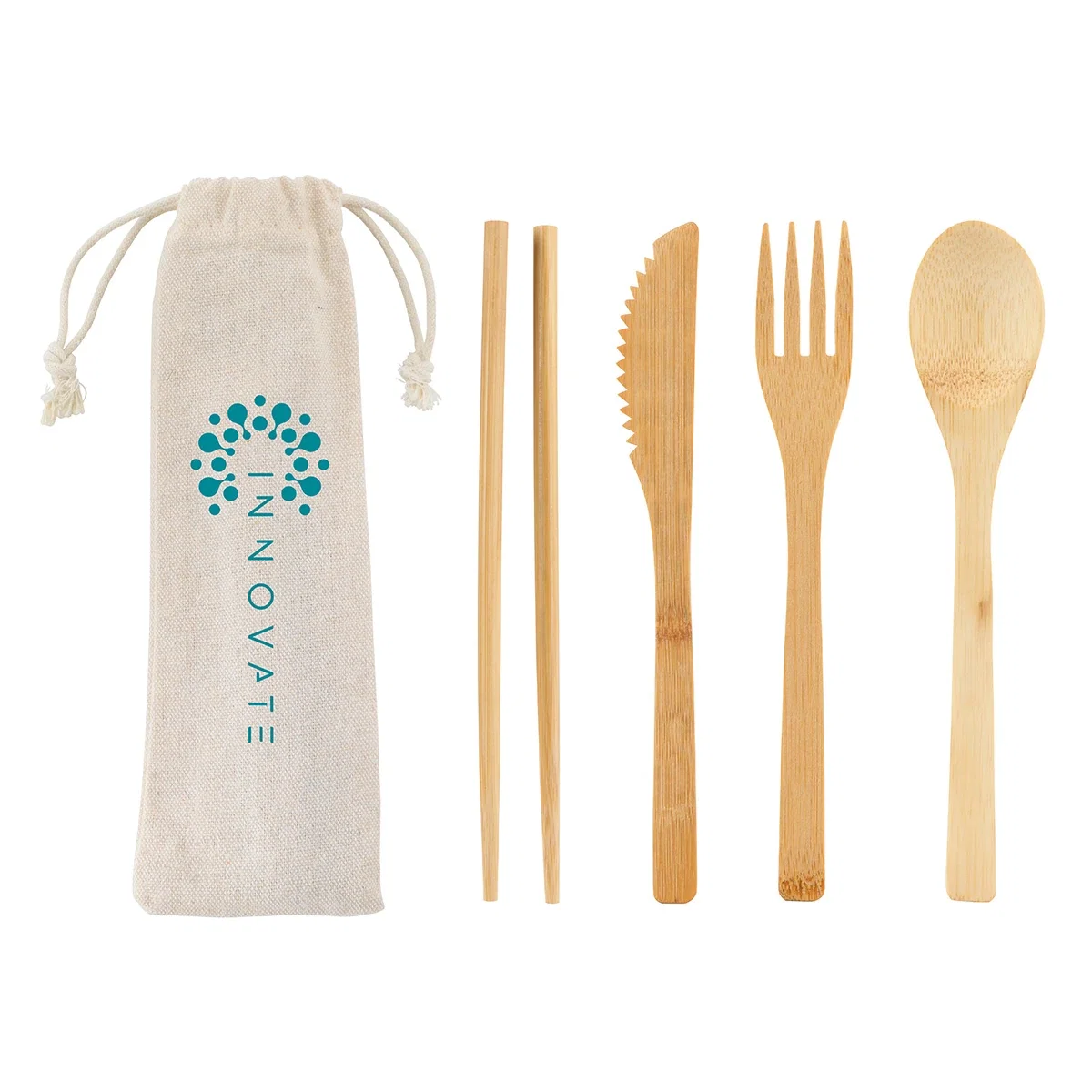 Custom Bamboo Cutlery Set in its Cotton Drawstring Pouch, front view