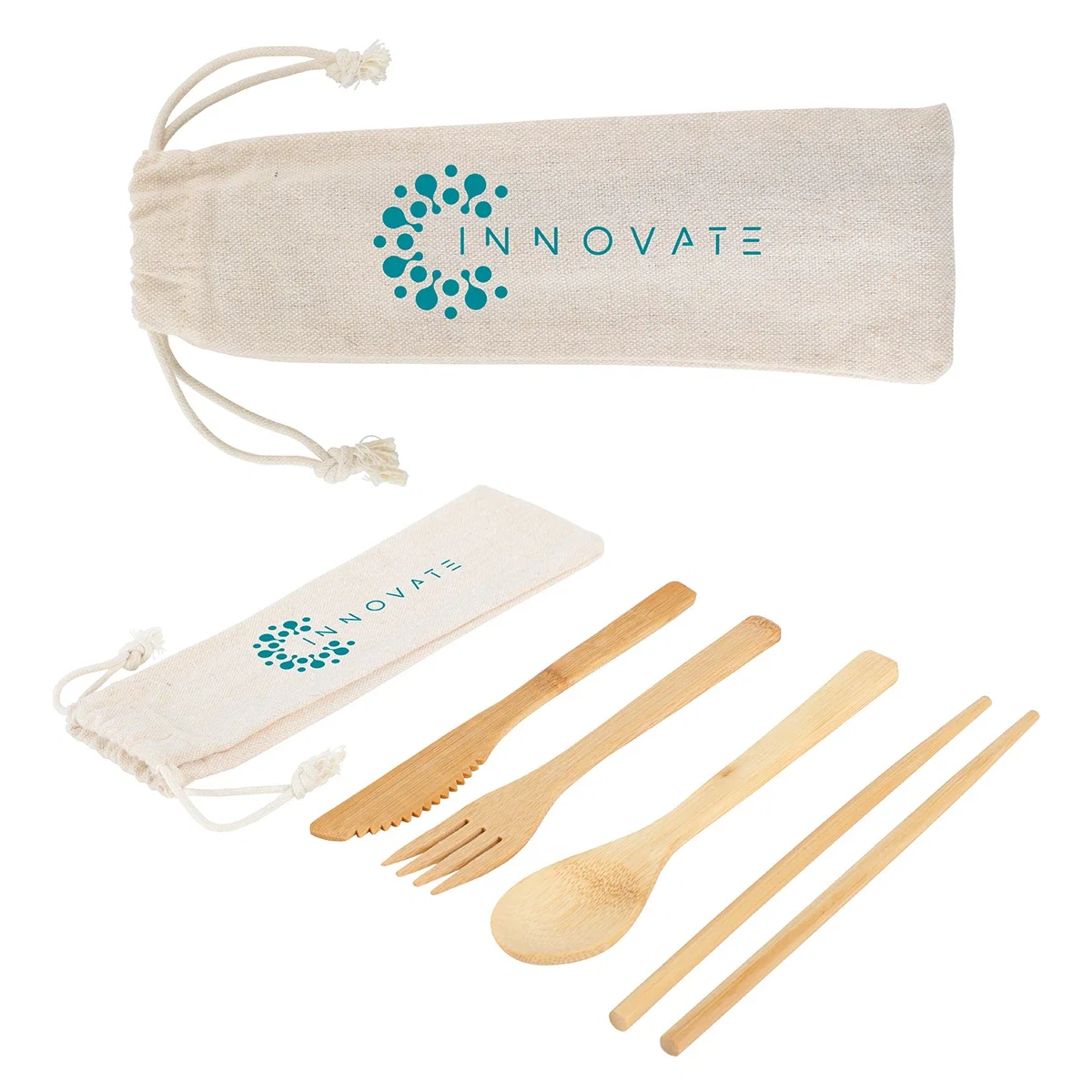 Bamboo Cutlery Set laid out beside its branded cotton drawstring pouch