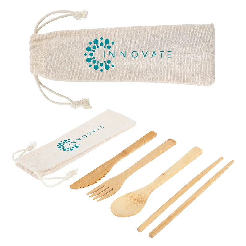 Bamboo Cutlery Set laid out beside its branded cotton drawstring pouch