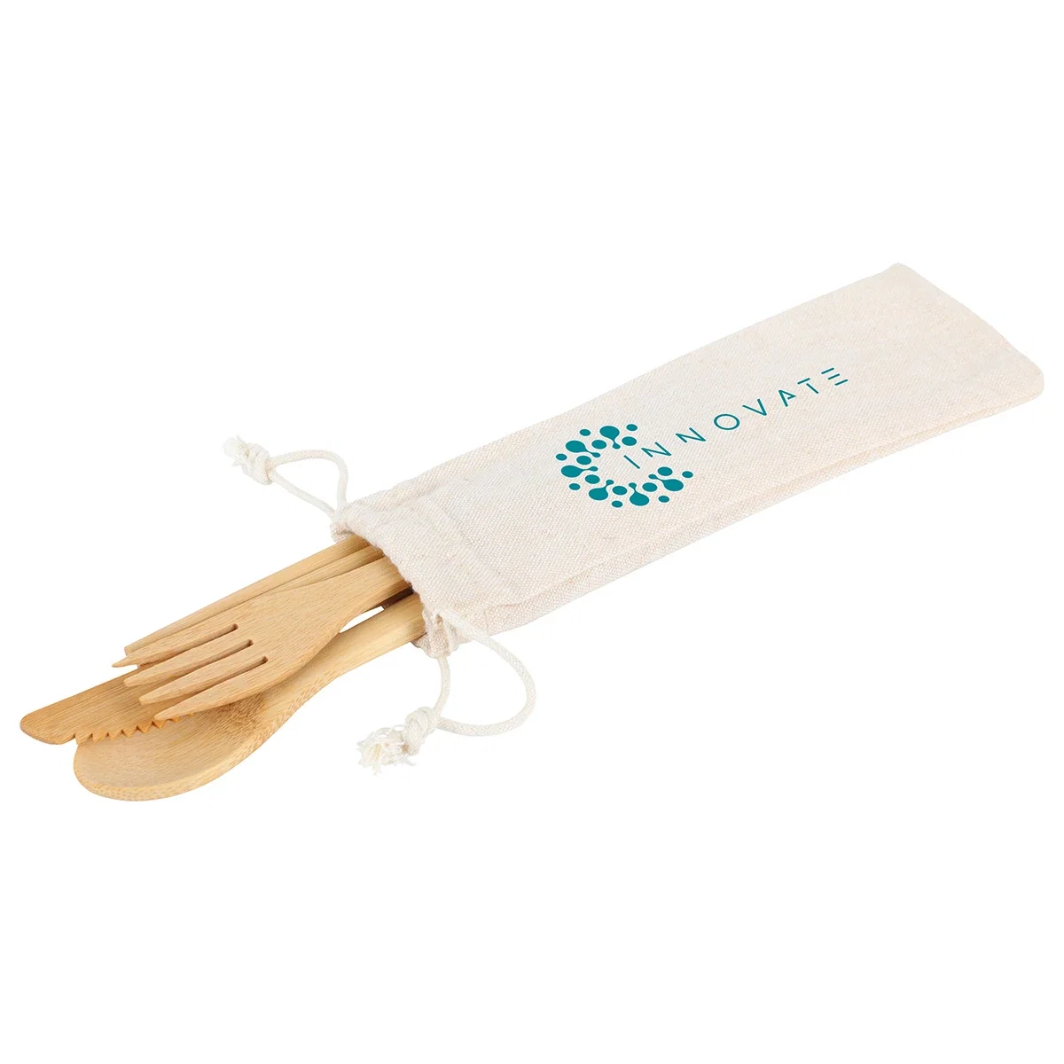 Close-up of the custom Bamboo Cutlery Set's logo imprint on the pouch
