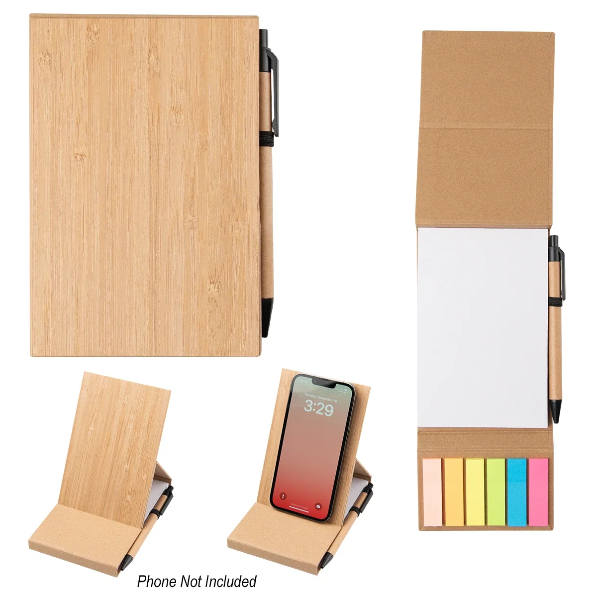 Phone resting in the wooden holder while notes stay visible