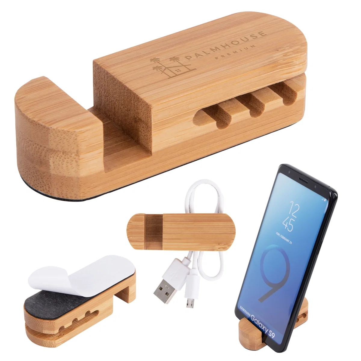 Bamboo cable organizer that keeps desk cords from slipping away