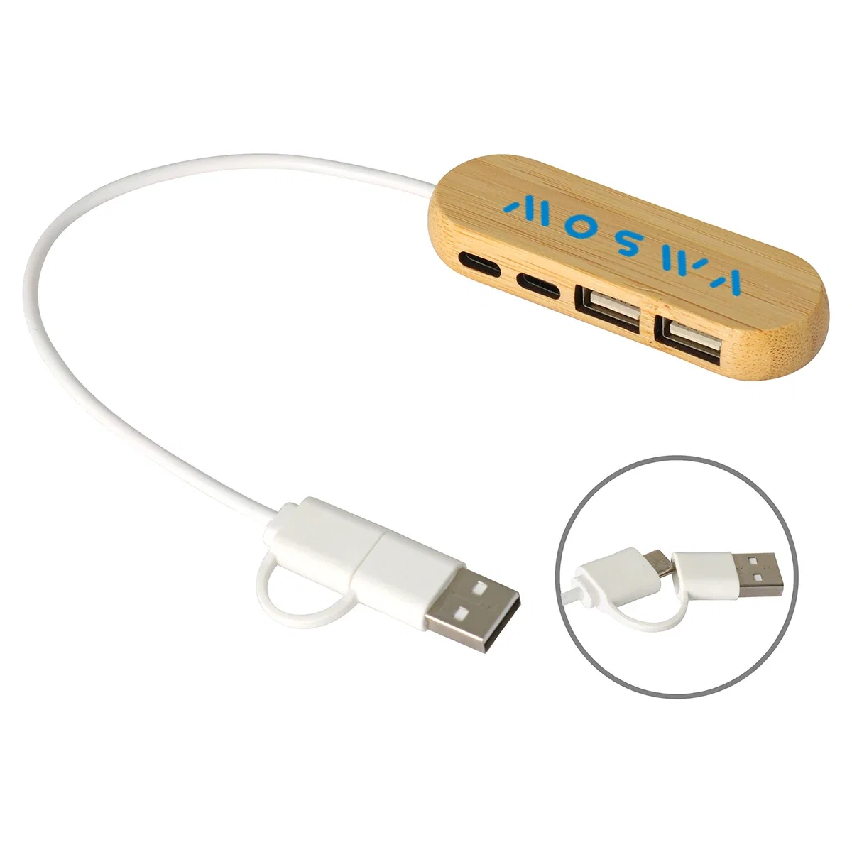 Custom Bamboo Dual Port USB & Type-C Hub, front view of the branded hub