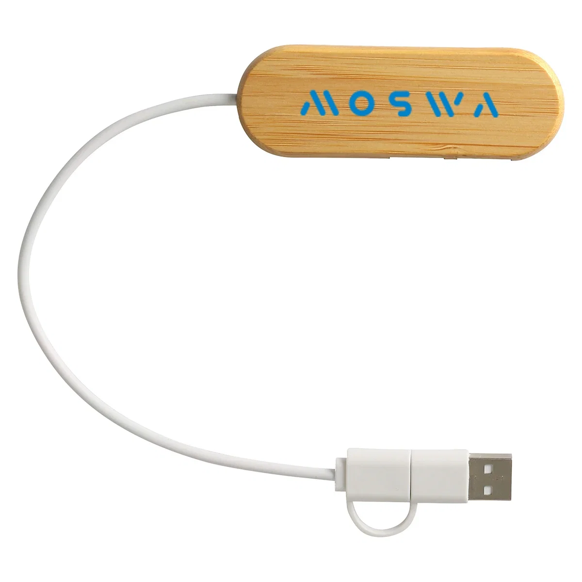 Side profile of the Bamboo Dual Port Hub showing its wood-finish casing