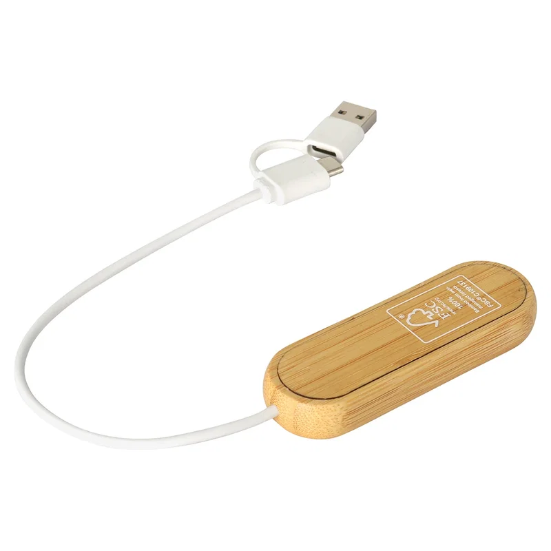 Angled view of the Bamboo USB Hub on a desk setup