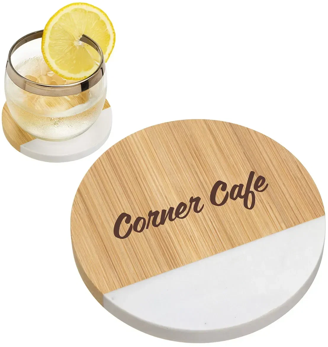 Bamboo faux marble combo coaster with custom logo, promotional drink coaster front view