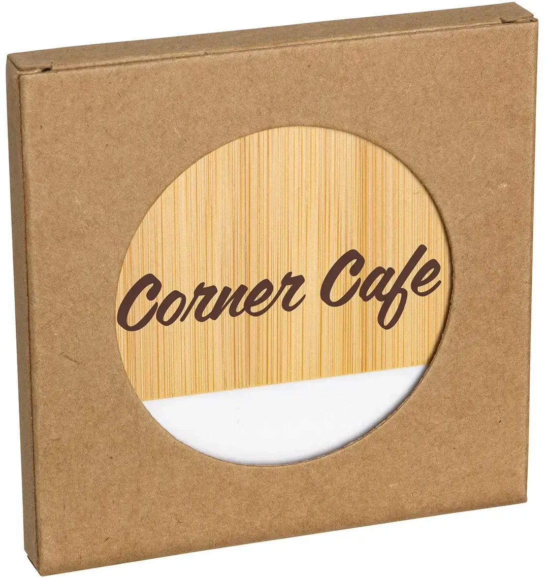 Custom branded bamboo coaster showing faux marble surface, close-up detail