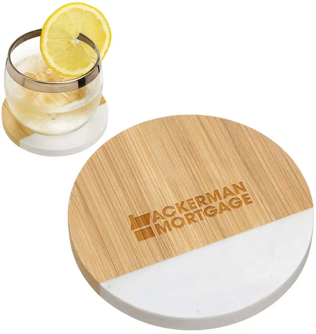 Promotional bamboo coaster stacked on a desk with logo imprint