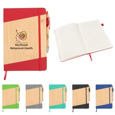 Bamboo covered journal with a matching pen tucked in the loop