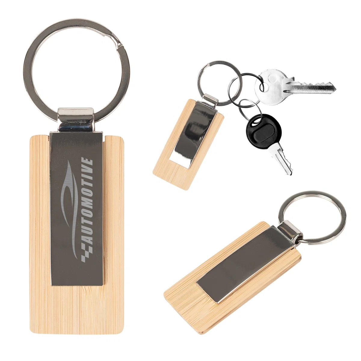 Bamboo key tag with rounded corners and a split ring