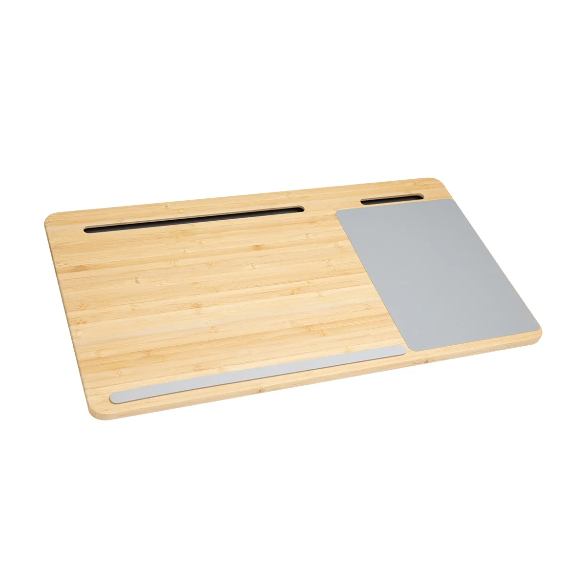 Wood surface holding a notebook computer while seated