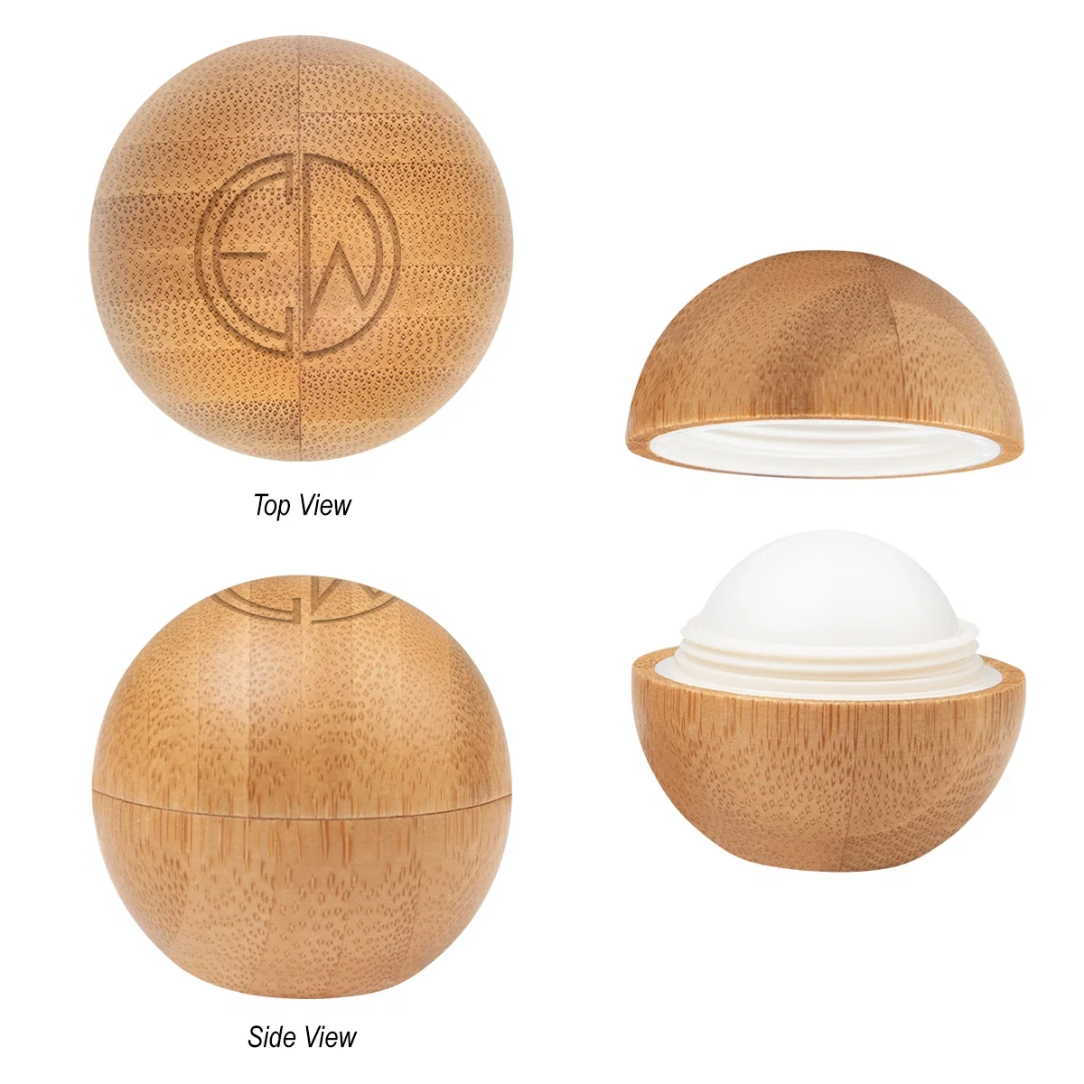 Round bamboo lip balm ball measuring under two inches across