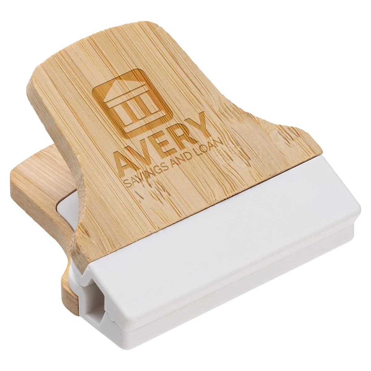 Custom Bamboo Magnetic Power Clip, front view of the branded clip