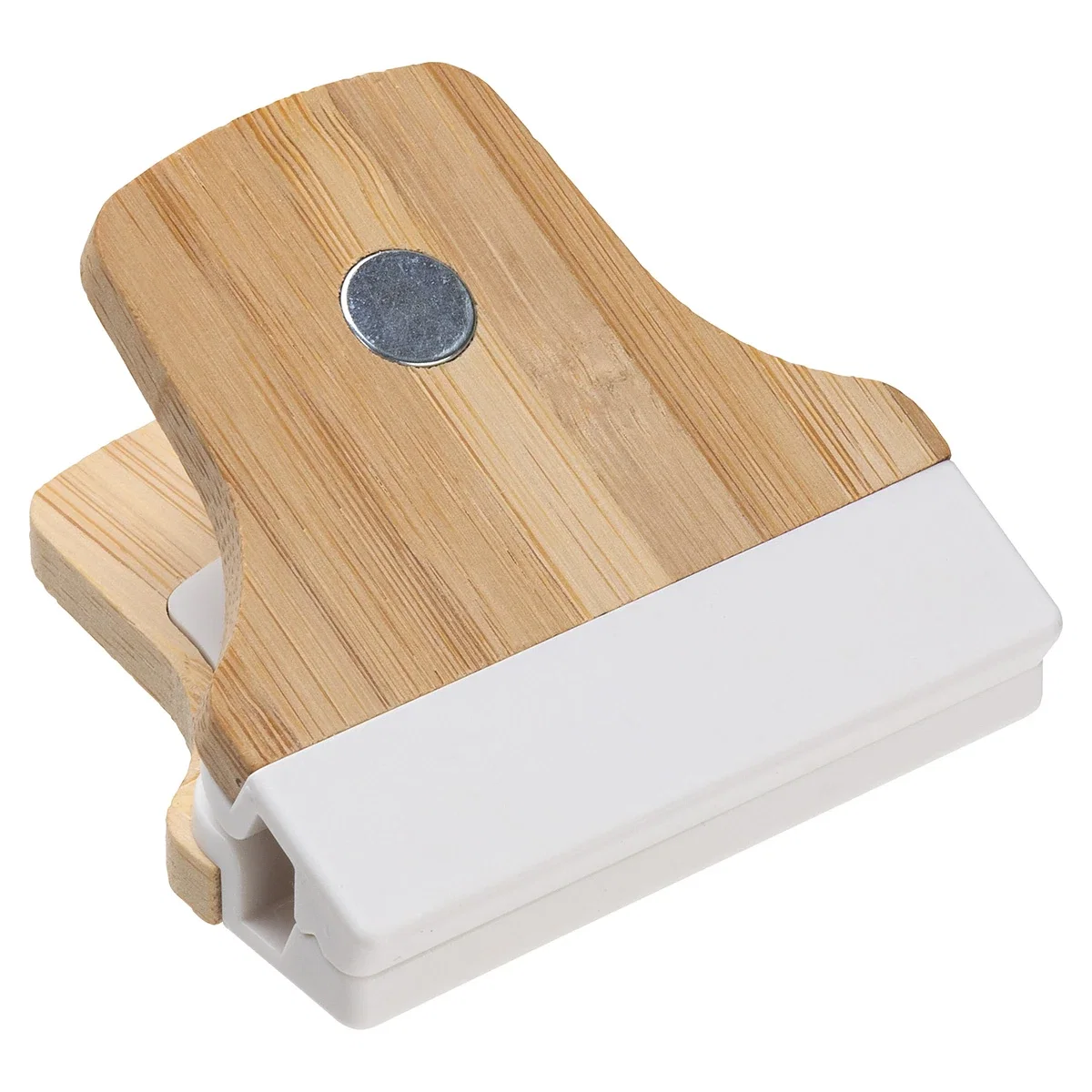 Close-up of the Bamboo Magnetic Power Clip's back side showing the embedded magnet