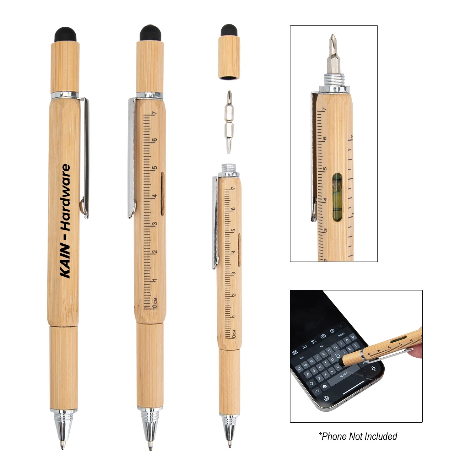 Bamboo multi function tool pen measuring six inches long
