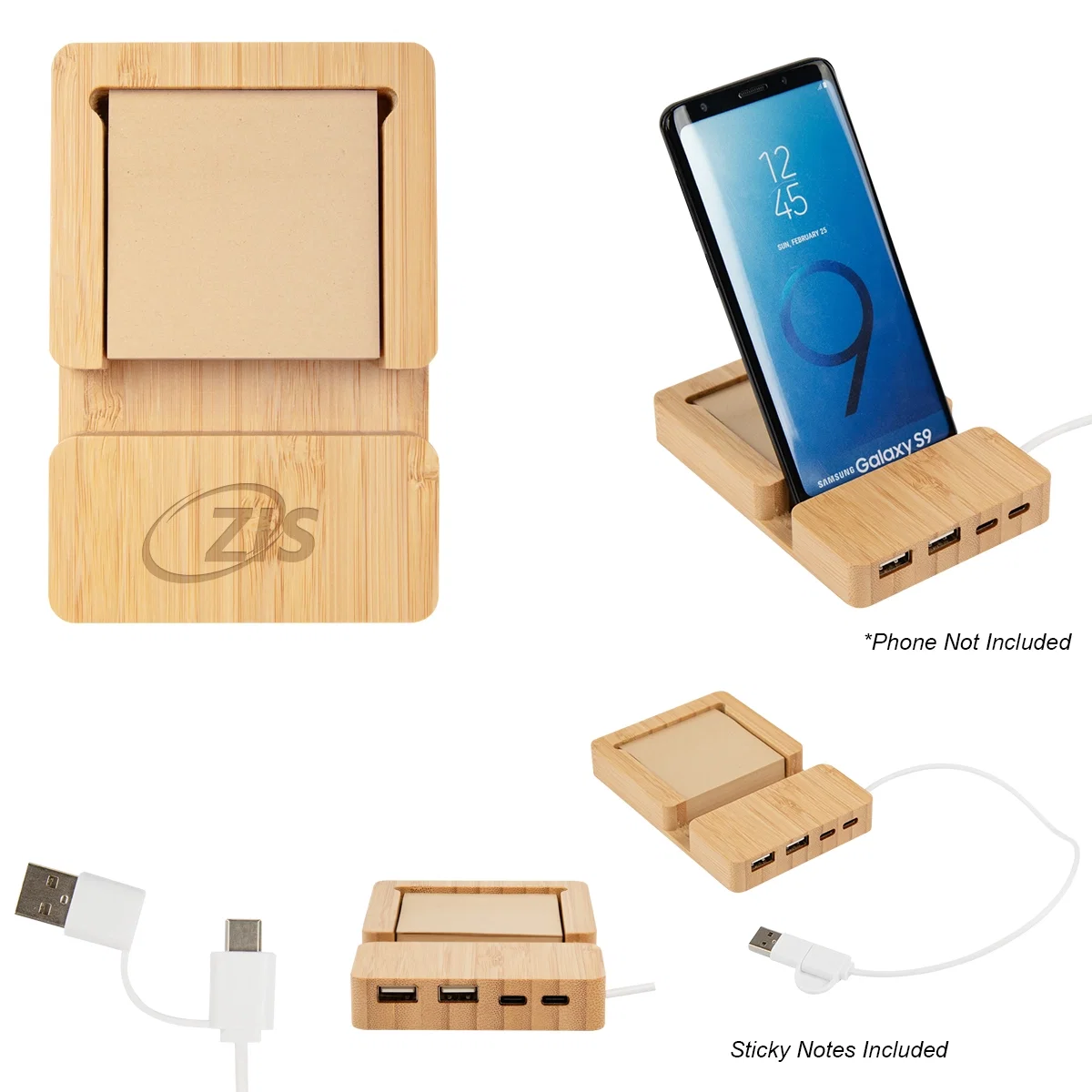 Bamboo desk hub with phone holder and a sticky note pad