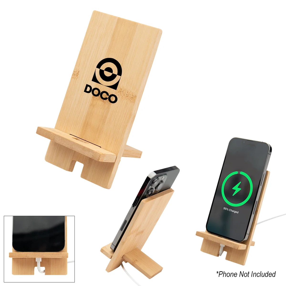 Bamboo phone stand holding a device upright on a desk