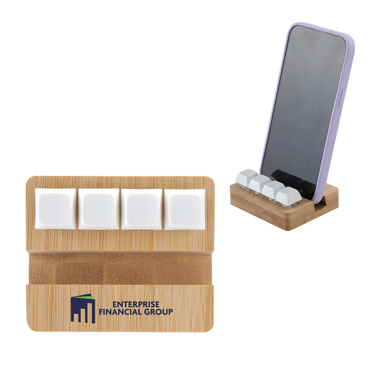 Custom Bamboo Phone Stand with Stress Reliever Keyboard, front view of the branded desk set