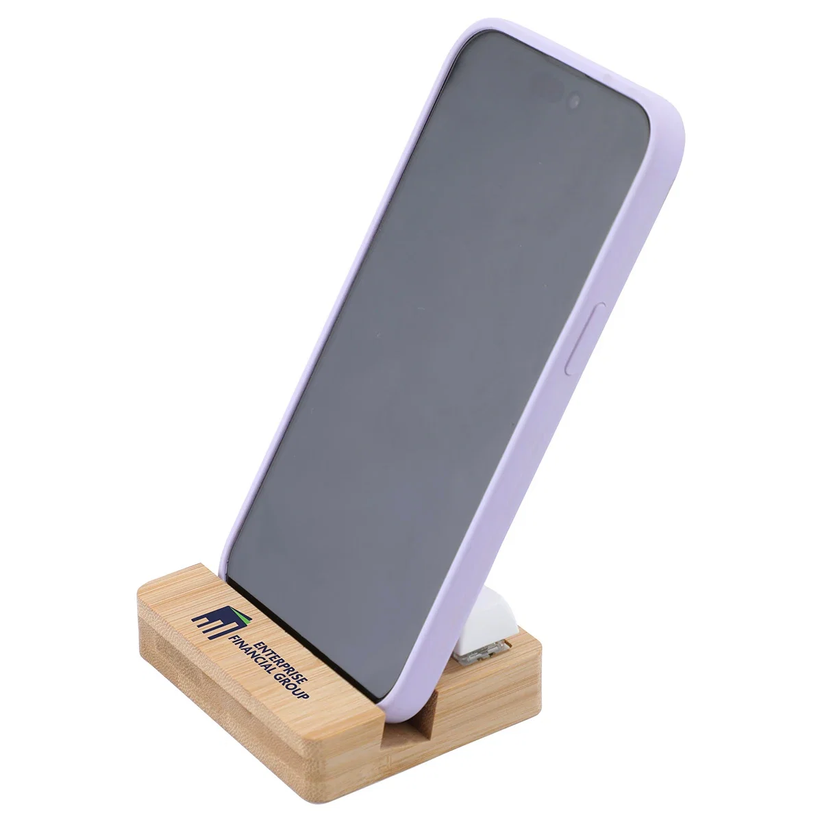 Branded Bamboo Phone Stand holding a smartphone on a desk, promotional stand in use